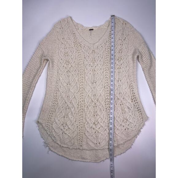 Free People Oversized Ivory Knit Sweater Slouchy V Neck, 100% Cotton - Picture 10 of 11